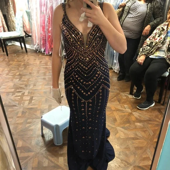 slim fit dress slacks Navy And Gold Sequin Maxi Dress With Slit main image 1